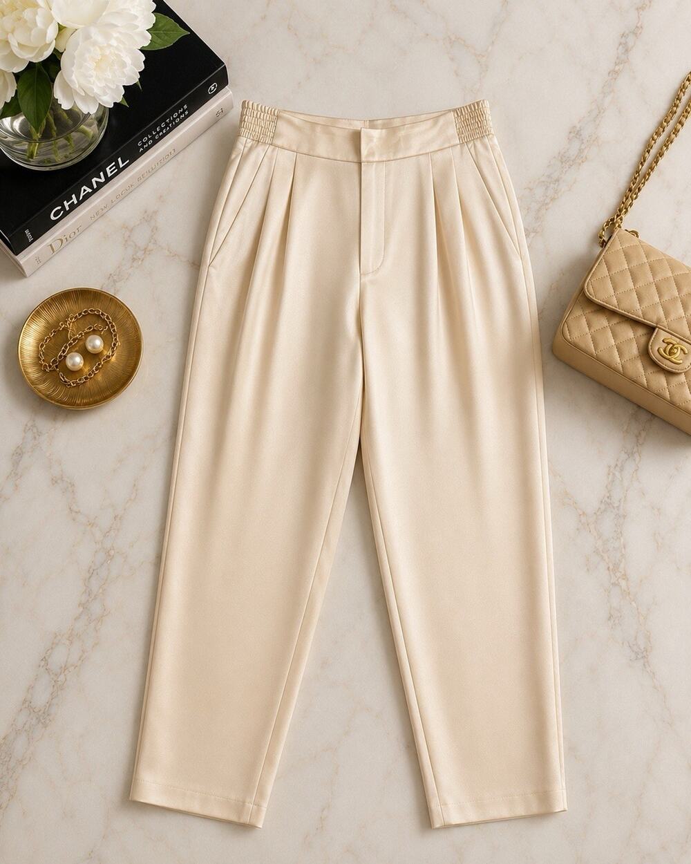 Smooth Premier Womens L Champagne 100% Silk Satin Pants High Waist Pleated